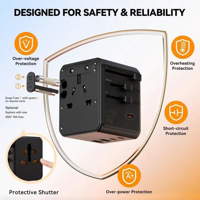 Alt view image 6 of 7 - Universal Travel Adapter, 45W PD Fast Charging Travel Plug Adapter with 2 USB-A and 3 USB-C PortsInternational Adapter for EU, USA, UK, Asia, Worldwide Use, Black