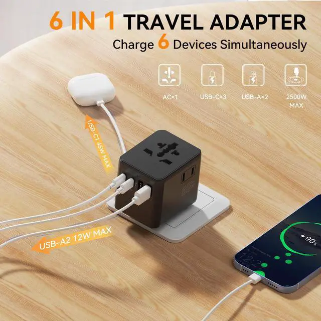 Alt view image 3 of 7 - Universal Travel Adapter, 45W PD Fast Charging Travel Plug Adapter with 2 USB-A and 3 USB-C PortsInternational Adapter for EU, USA, UK, Asia, Worldwide Use, Black