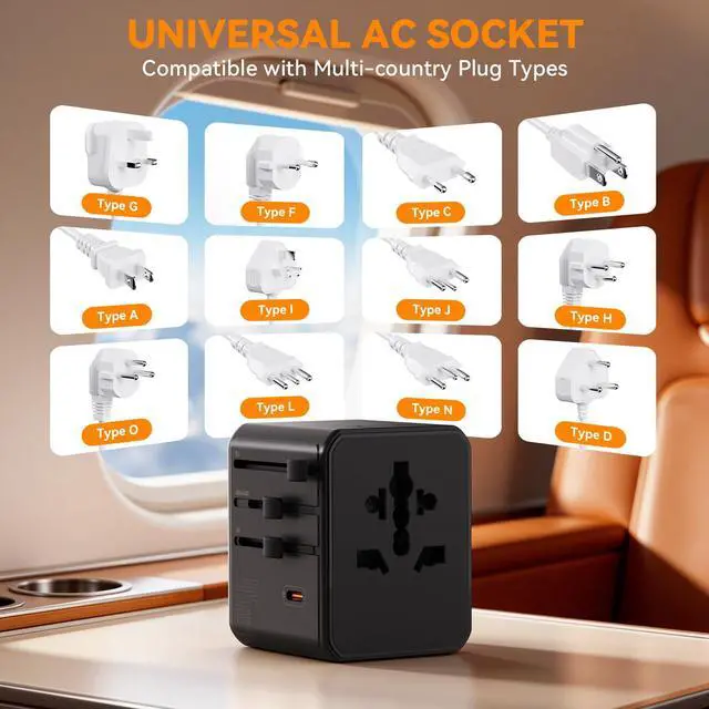 Alt view image 2 of 7 - Universal Travel Adapter, 45W PD Fast Charging Travel Plug Adapter with 2 USB-A and 3 USB-C PortsInternational Adapter for EU, USA, UK, Asia, Worldwide Use, Black