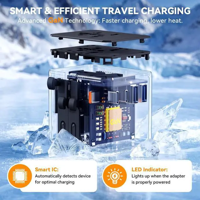 Alt view image 7 of 7 - Universal Travel Adapter, 45W PD Fast Charging Travel Plug Adapter with 2 USB-A and 3 USB-C PortsInternational Adapter for EU, USA, UK, Asia, Worldwide Use, Black