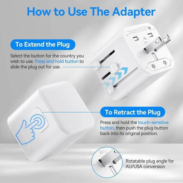 Alt view image 6 of 7 - Universal Travel Adapter, PD 30W European Travel Plug Adapter with 2 USB-C & 1 USB-A Ports, International Power Adapter Fast Charging with 70in Power Cord for USA EU UK AUS