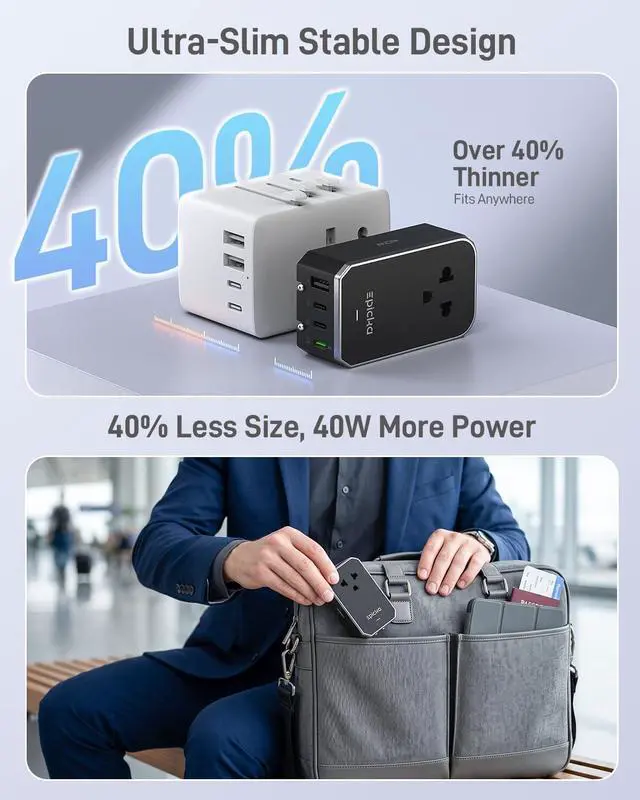 Alt view image 4 of 7 - Air 40W Universal Travel Adapter, PD Fast Charging International Power Adapter with 1 AC & 4 USB Ports, Worldwide Compact Travel Essentials for US/EU(Black, 1-Pack, Not a Voltage Converter)