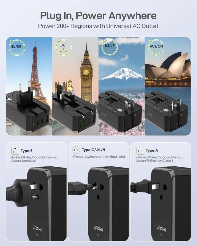 Alt view image 7 of 7 - Air 40W Universal Travel Adapter, PD Fast Charging International Power Adapter with 1 AC & 4 USB Ports, Worldwide Compact Travel Essentials for US/EU(Black, 1-Pack, Not a Voltage Converter)