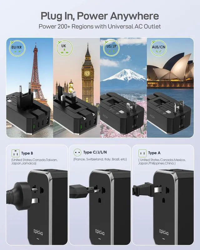 Alt view image 5 of 7 - Air 40W Universal Travel Adapter, PD Fast Charging International Power Adapter with 1 AC & 4 USB Ports, Worldwide Compact Travel Essentials for US/EU(Black, 1-Pack, Not a Voltage Converter)