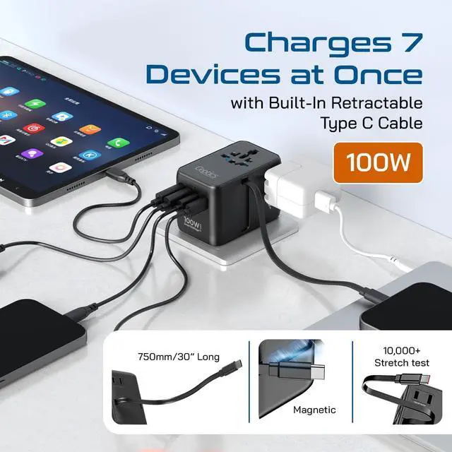 Alt view image 4 of 7 - GAN 100W Universal Travel Adapter with Retractable USB-C Cable, 2X USB-A & C, Universal Input and 1x USA/JP Input, 7 in 1 Universal Adapter for Worldwide Travel - Type A, C, G, I Output