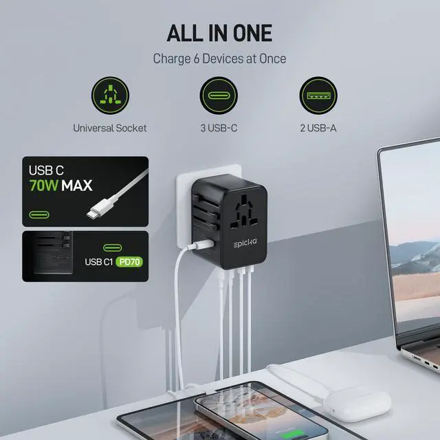 Alt view image 3 of 6 - 70W GaN PD Universal Travel Adapter, 3USB-C/2USB-A