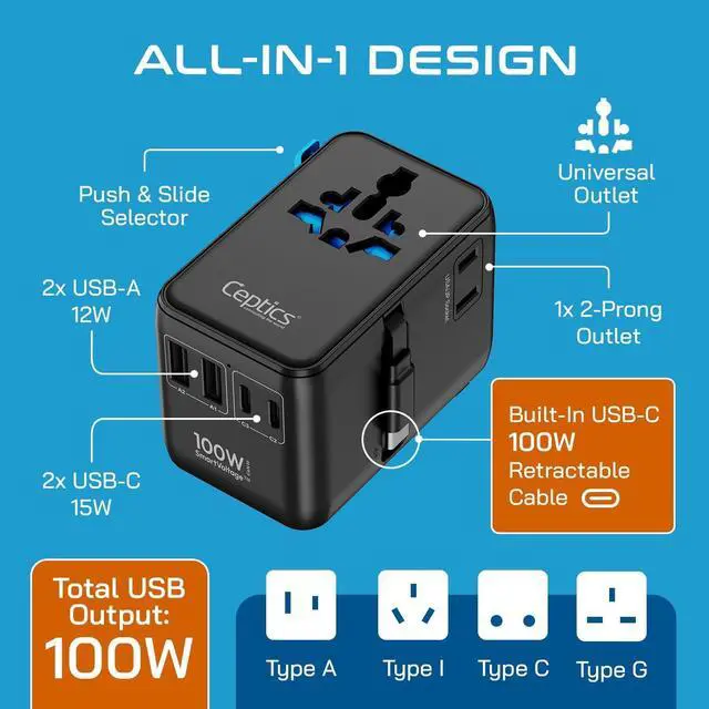 Alt view image 3 of 7 - GAN 100W Universal Travel Adapter with Retractable USB-C Cable, 2X USB-A & C, Universal Input and 1x USA/JP Input, 7 in 1 Universal Adapter for Worldwide Travel - Type A, C, G, I Output