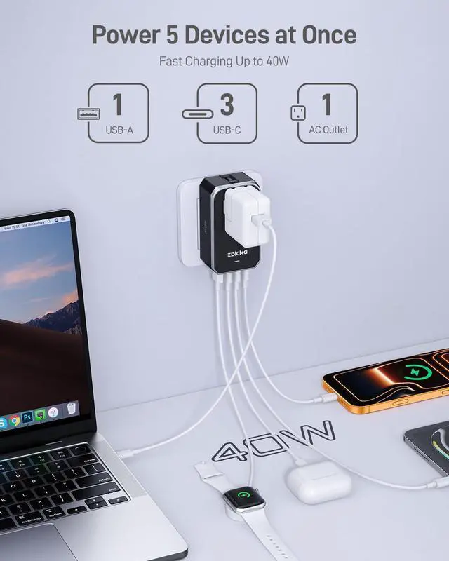 Alt view image 2 of 7 - Air 40W Universal Travel Adapter, PD Fast Charging International Power Adapter with 1 AC & 4 USB Ports, Worldwide Compact Travel Essentials for US/EU(Black, 1-Pack, Not a Voltage Converter)