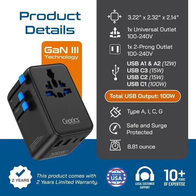 Alt view image 7 of 7 - GAN 100W Universal Travel Adapter with Retractable USB-C Cable, 2X USB-A & C, Universal Input and 1x USA/JP Input, 7 in 1 Universal Adapter for Worldwide Travel - Type A, C, G, I Output