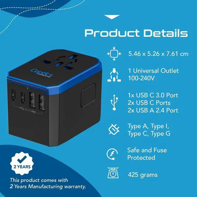 Alt view image 4 of 7 - 70W World International Travel Plug Adapter - Powerful GaN Tech with Pd & QC 3.0 Dual 3X USB-C Power - 2 USB Ports Wall Charger Type I C G A Outlets 110V 220V A/C - EU Euro US UK (70-KU)