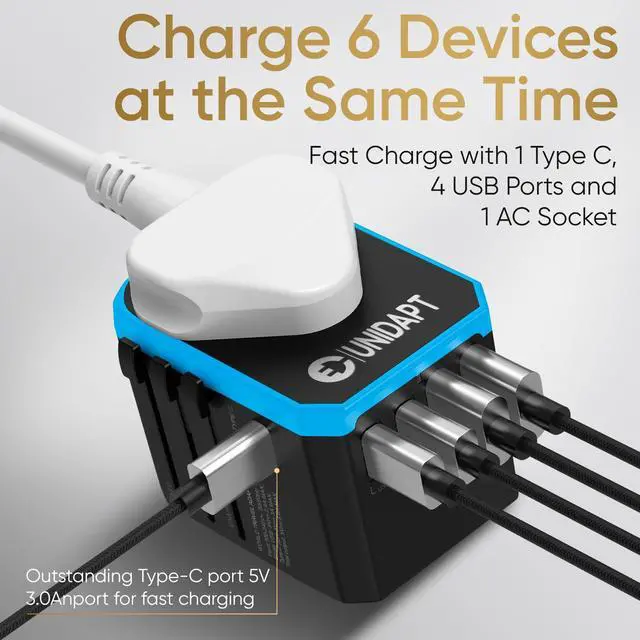 Alt view image 2 of 7 - Universal Travel Adapter for Europe and International Travel from USA, Type C EU/Type G UK/Type I AU/Type A US, 1 AC Outlet, 1 USB-C and 4 USB-A Ports, Travel Plug Adapter