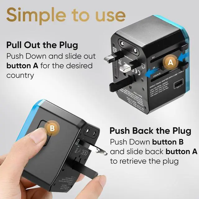 Alt view image 4 of 7 - Universal Travel Adapter for Europe and International Travel from USA, Type C EU/Type G UK/Type I AU/Type A US, 1 AC Outlet, 1 USB-C and 4 USB-A Ports, Travel Plug Adapter