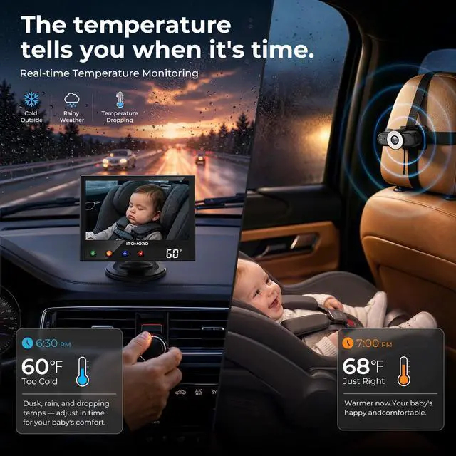 Alt view image 2 of 7 - First Baby Car Camera with Temperature Display, Auto IR Night Vision & Touch-Adjustable Buttons, Plug & Play Car Seat Monitor for Rear Facing Infant