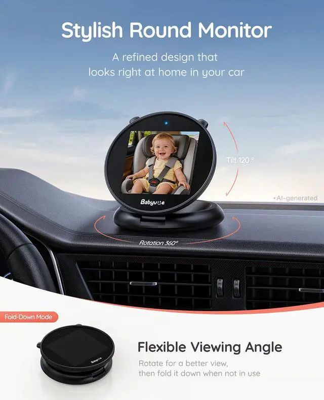 Alt view image 2 of 7 - Baby Car Camera, Round Fold-Down Monitor for Rear-Facing