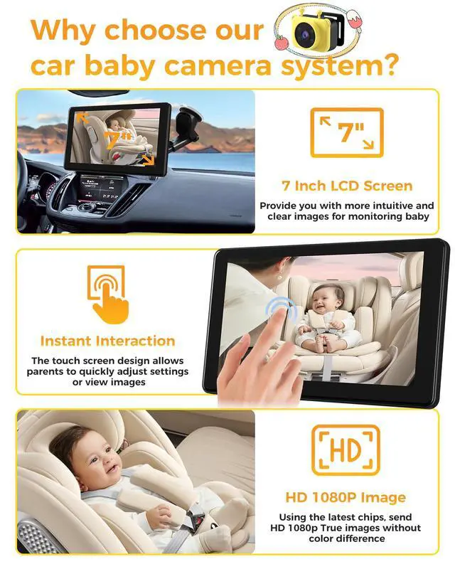 Alt view image 3 of 7 - 7-Inch HD 1080P Baby Car Camera, 3X Zoom, 940nm Night Vision, Touchscreen, Recording & Picture, Supports TF Card (64G), Easy Install, for Kids/Pets, Rear-Facing Monitoring