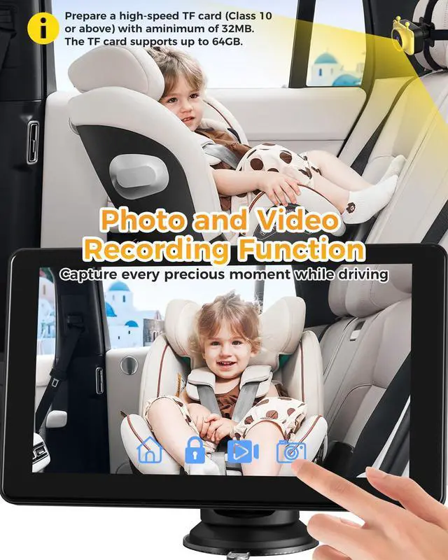 Alt view image 4 of 7 - 7-Inch HD 1080P Baby Car Camera, 3X Zoom, 940nm Night Vision, Touchscreen, Recording & Picture, Supports TF Card (64G), Easy Install, for Kids/Pets, Rear-Facing Monitoring