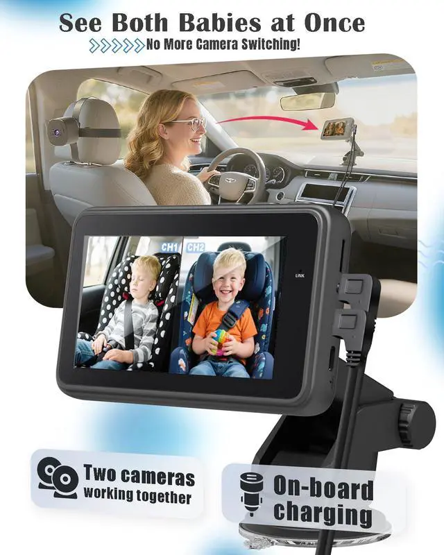 Alt view image 2 of 7 - Baby Car Camera for 2 Kids - 4.3" Dual Channel Car Baby Monitor with Split Screen,Night Vision, Wide View, Easy Install Rear Facing Backseat Camera for Baby