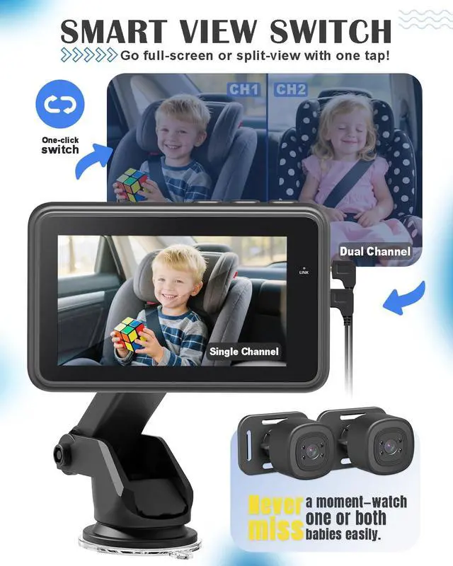 Alt view image 3 of 7 - Baby Car Camera for 2 Kids - 4.3" Dual Channel Car Baby Monitor with Split Screen,Night Vision, Wide View, Easy Install Rear Facing Backseat Camera for Baby