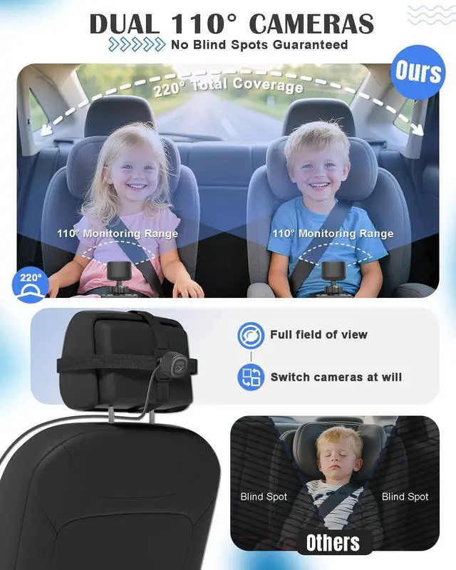 Alt view image 7 of 7 - Baby Car Camera for 2 Kids - 4.3" Dual Channel Car Baby Monitor with Split Screen,Night Vision, Wide View, Easy Install Rear Facing Backseat Camera for Baby
