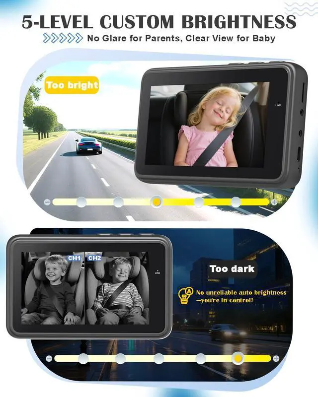 Alt view image 6 of 7 - Baby Car Camera for 2 Kids - 4.3" Dual Channel Car Baby Monitor with Split Screen,Night Vision, Wide View, Easy Install Rear Facing Backseat Camera for Baby