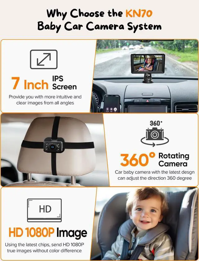 Alt view image 2 of 7 - Baby Car Camera - 7 Inch Large Screen Baby Monitor for Car