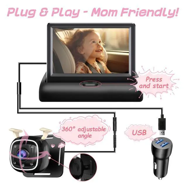Alt view image 2 of 7 - B1 Baby Car Camera with 4.3'' Monitor, USB Powered Rear Facing Seat Camera, HD 1080P Night Vision, 150° Wide Angle, Easy Installation, Safe & Portable Baby Monitor