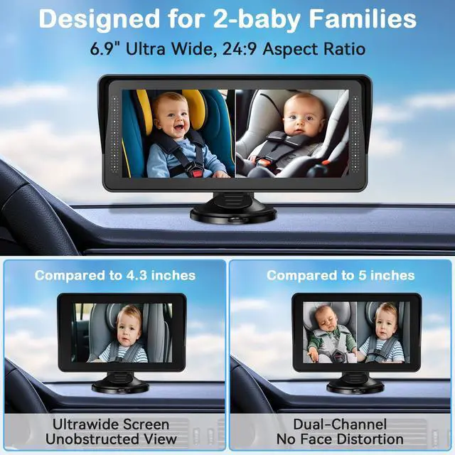 Alt view image 2 of 7 - Dual Baby Car Camera for 2 Kids - 6.9'' Split Screen Ultrawide HD Display with Two Cameras, Easy Setup, Rotatable Night Vision Cameras, Ideal for Parents, Grandparents, Safe & Clear Viewing