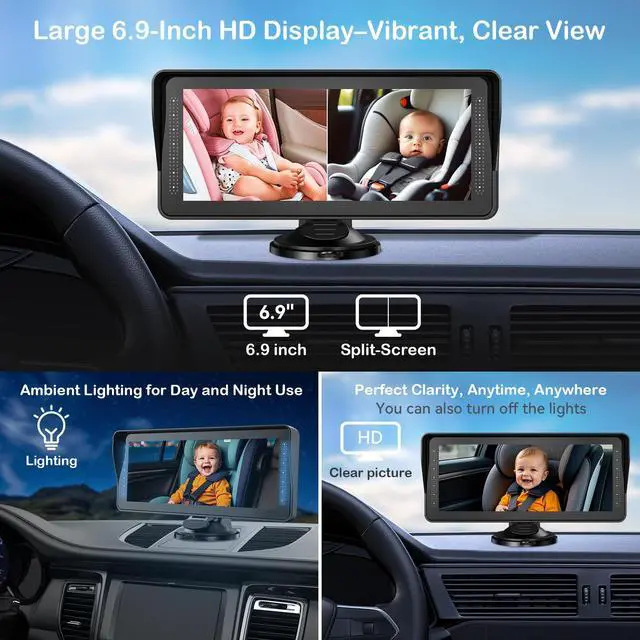 Alt view image 7 of 7 - Dual Baby Car Camera for 2 Kids - 6.9'' Split Screen Ultrawide HD Display with Two Cameras, Easy Setup, Rotatable Night Vision Cameras, Ideal for Parents, Grandparents, Safe & Clear Viewing