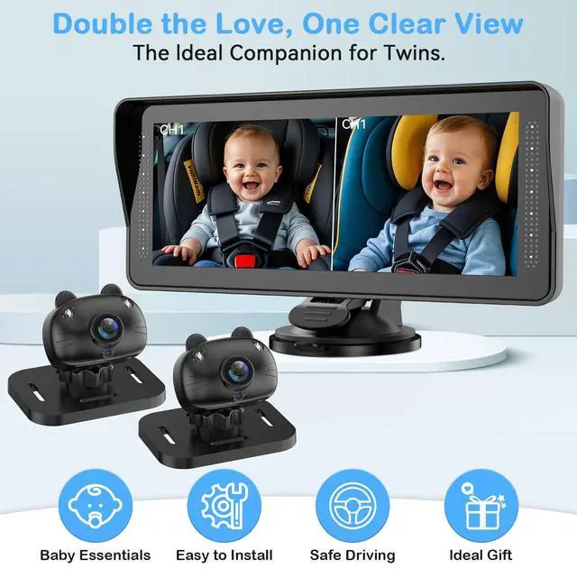 Alt view image 3 of 7 - Dual Baby Car Camera for 2 Kids - 6.9'' Split Screen Ultrawide HD Display with Two Cameras, Easy Setup, Rotatable Night Vision Cameras, Ideal for Parents, Grandparents, Safe & Clear Viewing