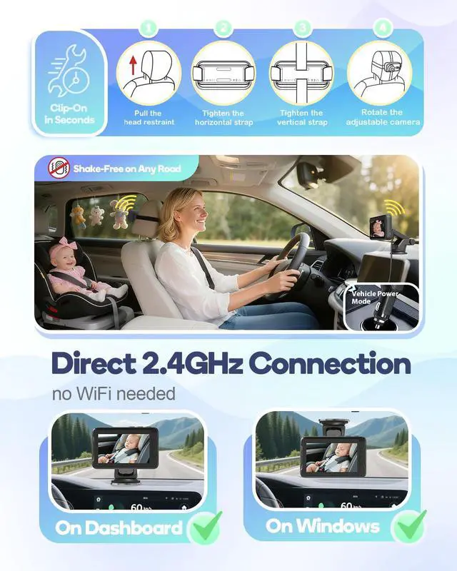 Alt view image 4 of 7 - Wireless Baby Car Camera, Car Baby Monitor No Wi-Fi Needed, Auto Night Vision IR-Cut Adjustable Lens, Long Battery for Rear-Facing Seat Long Trips, Newborn Travel Essentials