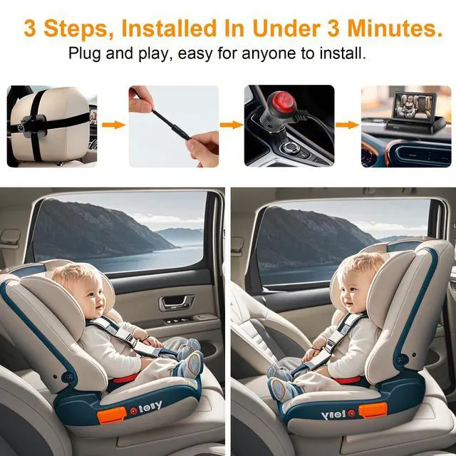 Alt view image 3 of 7 - Baby Car Camera Monitor,Baby car Mirror,for USB/USBC/CigaretteLighter Ports, View Infant in Rear Facing Seat with Wide Clear View,Aimed at Baby-Easily to Observe The Baby's Every Move