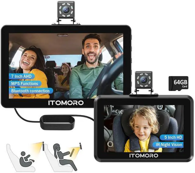 Main image of Baby Car Camera, 5"+7" 1080P Dual Screen Car Baby Camera with Two-Way Video, Music & Video Play Supported, Night Vision & 150° Wide View Baby Monitor for Car Backseat with 64GB Storage-ACZ419