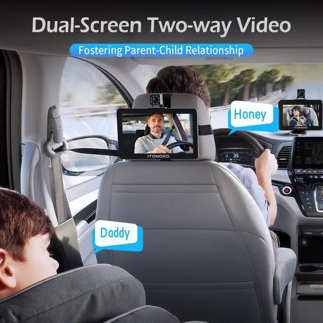 Alt view image 2 of 7 - Baby Car Camera, 5"+7" 1080P Dual Screen Car Baby Camera with Two-Way Video, Music & Video Play Supported, Night Vision & 150° Wide View Baby Monitor for Car Backseat with 64GB Storage-ACZ419