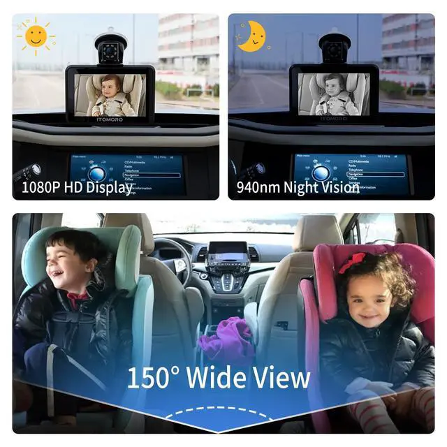 Alt view image 6 of 7 - Baby Car Camera, 5"+7" 1080P Dual Screen Car Baby Camera with Two-Way Video, Music & Video Play Supported, Night Vision & 150° Wide View Baby Monitor for Car Backseat with 64GB Storage-ACZ419