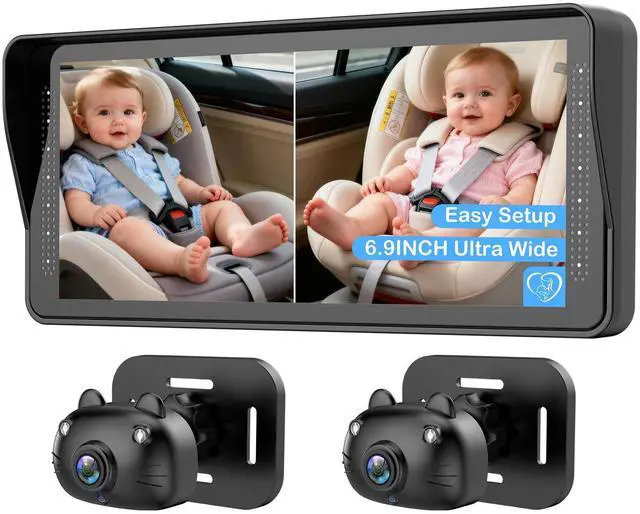 Main image of Dual Baby Car Camera for 2 Kids - 6.9'' Split Screen Ultrawide HD Display with Two Cameras, Easy Setup, Rotatable Night Vision Cameras, Ideal for Parents, Grandparents, Safe & Clear Viewing