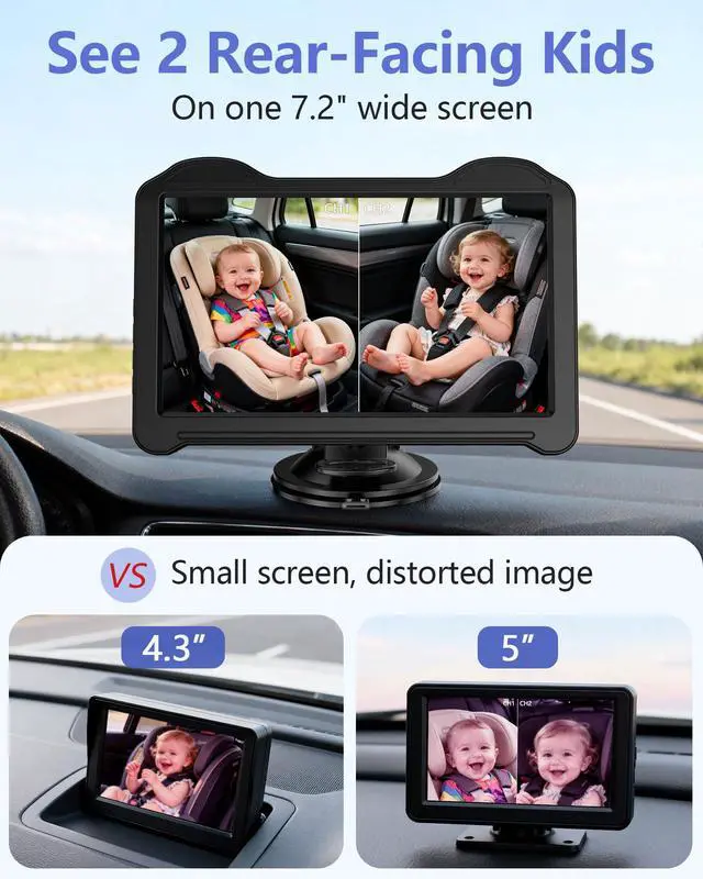 Alt view image 2 of 7 - 1080P Dual Baby Car Camera for 2 Kids - 7.2'' Split Screen Monitor for Twins & Sibling, HD Day & Night Vision Car Seat Camera Delivering Clear Face & Body View on Road Trip & Daily Commutes