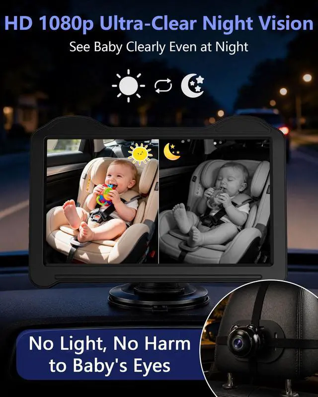 Alt view image 4 of 7 - 1080P Dual Baby Car Camera for 2 Kids - 7.2'' Split Screen Monitor for Twins & Sibling, HD Day & Night Vision Car Seat Camera Delivering Clear Face & Body View on Road Trip & Daily Commutes
