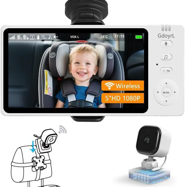 Main image of Wireless Baby Car Camera 5" HD 1080P IPS Anti-Glare Screen USB Powered, Temperature Alert, Night Vision & VOX Mode, 360° Rotatable Rear Facing Carseat Monitor Newborns Travel Essentials Gifts