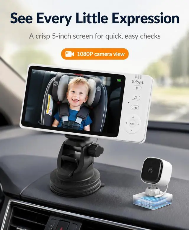 Alt view image 4 of 7 - Wireless Baby Car Camera 5" HD 1080P IPS Anti-Glare Screen USB Powered, Temperature Alert, Night Vision & VOX Mode, 360° Rotatable Rear Facing Carseat Monitor Newborns Travel Essentials Gifts