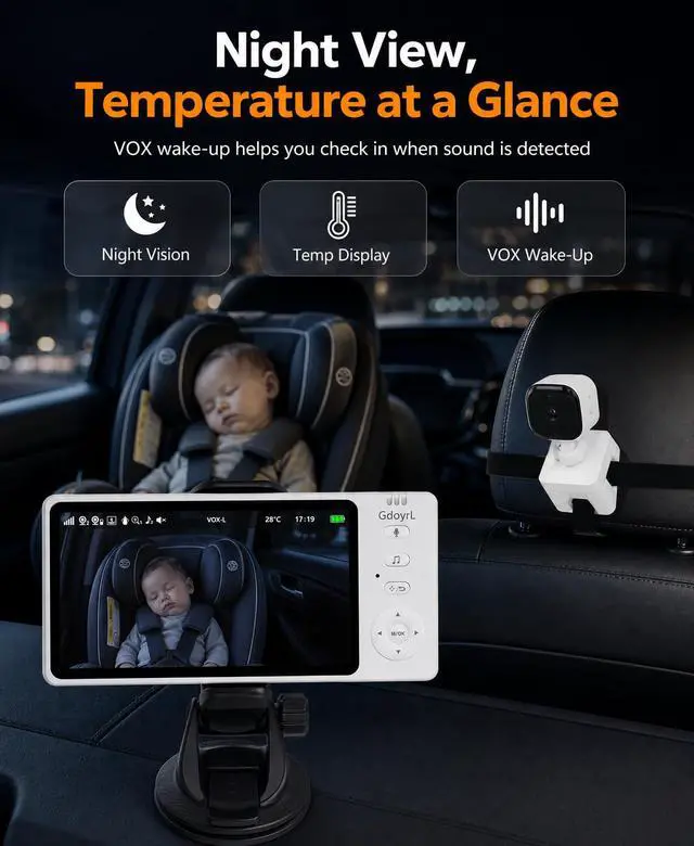 Alt view image 5 of 7 - Wireless Baby Car Camera 5" HD 1080P IPS Anti-Glare Screen USB Powered, Temperature Alert, Night Vision & VOX Mode, 360° Rotatable Rear Facing Carseat Monitor Newborns Travel Essentials Gifts