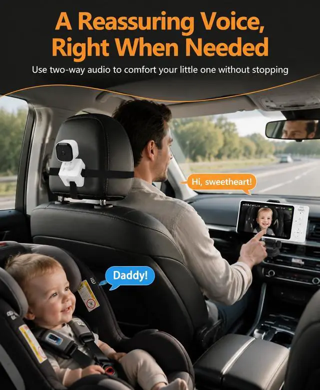 Alt view image 6 of 7 - Wireless Baby Car Camera 5" HD 1080P IPS Anti-Glare Screen USB Powered, Temperature Alert, Night Vision & VOX Mode, 360° Rotatable Rear Facing Carseat Monitor Newborns Travel Essentials Gifts