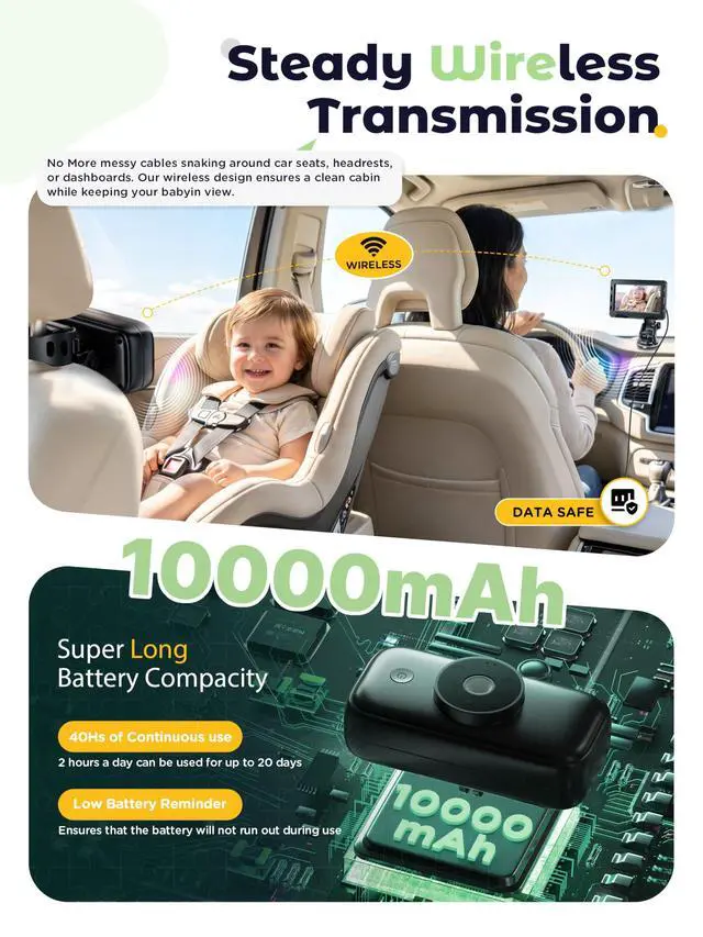 Alt view image 3 of 7 - Wireless Baby Car Camera - Auto 940nm Night Vision Backseat Cam & Eco-Mode