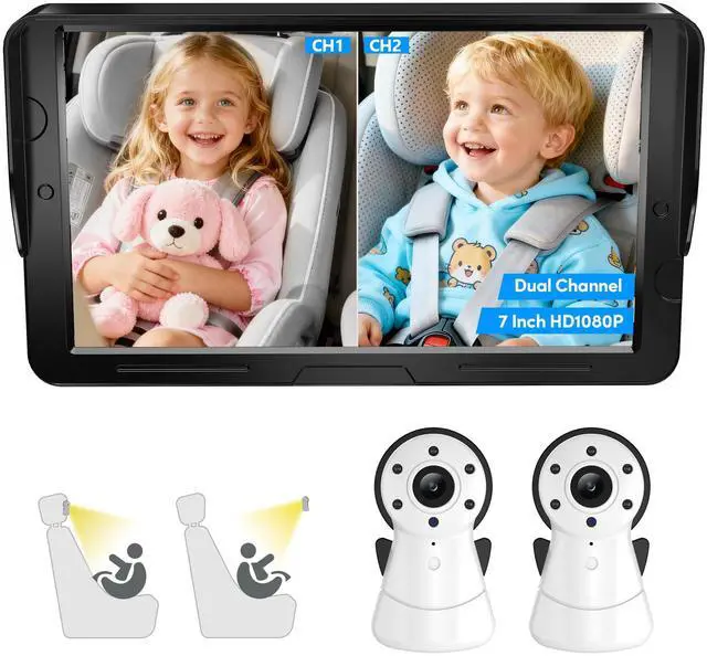 Main image of 2-Kids Baby Car Camera Dual Monitor 7 Inch Display with Two Rear Facing Car Seat Cameras, 1080P HD Night Vision IR-CUT, USB Powered Plug and Play Backseat Baby Monitor for Infant & Toddler Safety