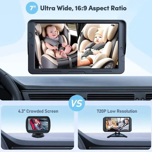 Alt view image 2 of 7 - 2-Kids Baby Car Camera Dual Monitor 7 Inch Display with Two Rear Facing Car Seat Cameras, 1080P HD Night Vision IR-CUT, USB Powered Plug and Play Backseat Baby Monitor for Infant & Toddler Safety