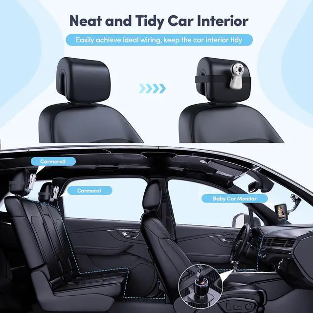 Alt view image 5 of 7 - 2-Kids Baby Car Camera Dual Monitor 7 Inch Display with Two Rear Facing Car Seat Cameras, 1080P HD Night Vision IR-CUT, USB Powered Plug and Play Backseat Baby Monitor for Infant & Toddler Safety