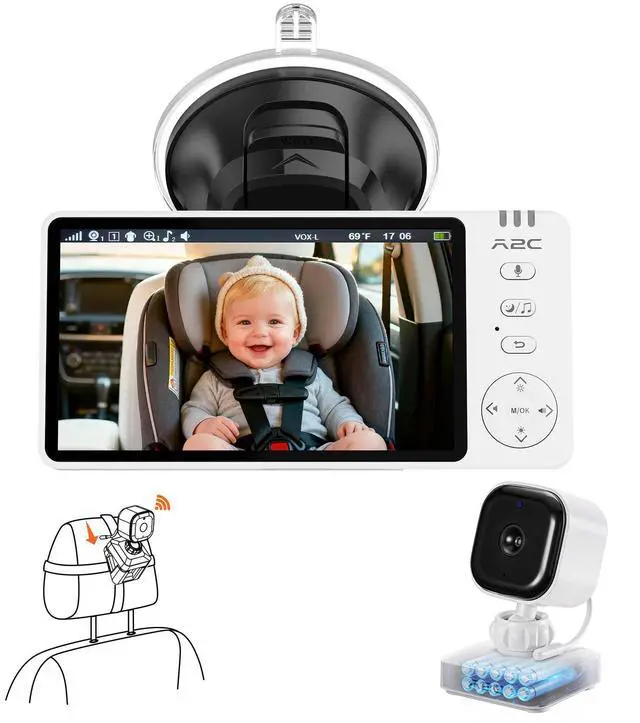 Main image of Wireless Baby Car Monitor, Battery-Powered Baby Car Camera for Backseat & Home, 5" HD 1080P Auto/Manual Night Vision Screen with 7-Hour Battery, Rear Facing Carseat Camera for Newborns, Kids, Pets