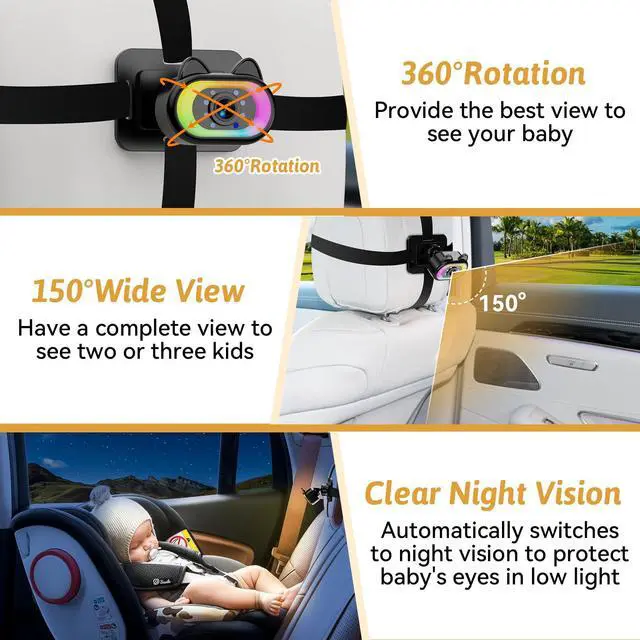 Alt view image 4 of 7 - Baby Car Camera 2-Pack HD 1080P, 150° Wide Angle, Night Vision, Adjustable LED Light, Easy Installation, Infant Safety, Rear Seat Monitoring for Car Travel