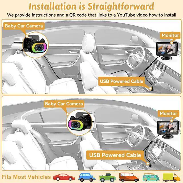 Alt view image 7 of 7 - Baby Car Camera 2-Pack HD 1080P, 150° Wide Angle, Night Vision, Adjustable LED Light, Easy Installation, Infant Safety, Rear Seat Monitoring for Car Travel