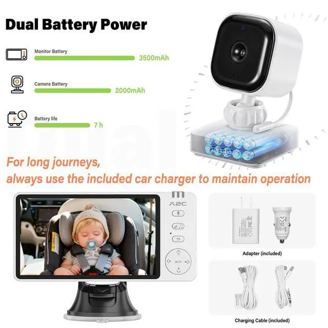 Alt view image 4 of 7 - Wireless Baby Car Monitor, Battery-Powered Baby Car Camera for Backseat & Home, 5" HD 1080P Auto/Manual Night Vision Screen with 7-Hour Battery, Rear Facing Carseat Camera for Newborns, Kids, Pets