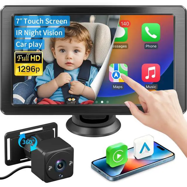 Main image of Baby Car Camera, 1296P HD Car Baby Monitor with 7" Touchscreen, CarPlay, NoGlow Night Vision, 150° Wide Angle, Live RearSeat View, Easy Installation, Alternative to Rear Facing Mirrors